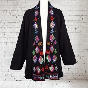 Vintage The Daily Planet Nepal Embroidered Black Coat Sz XL Lined Pockets Artsy